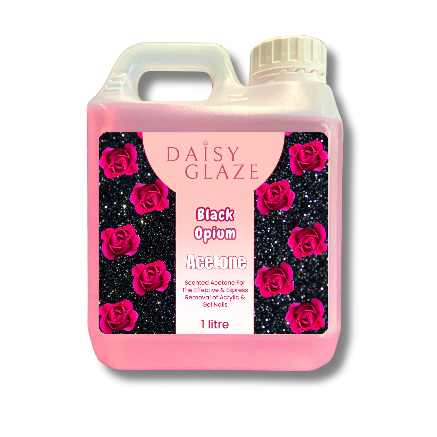 Daisy Glaze Black Opium Acetone bottle with pink roses on a white background
