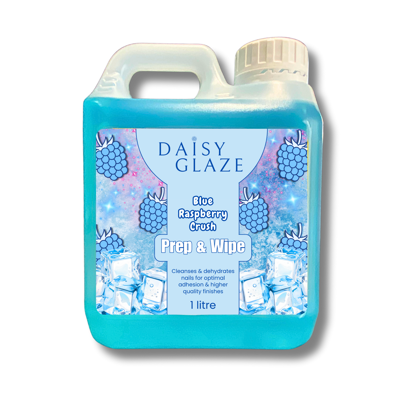 Blue bottle of Daisy Glaze Blue Raspberry Crush Prep & Wipe on a white background