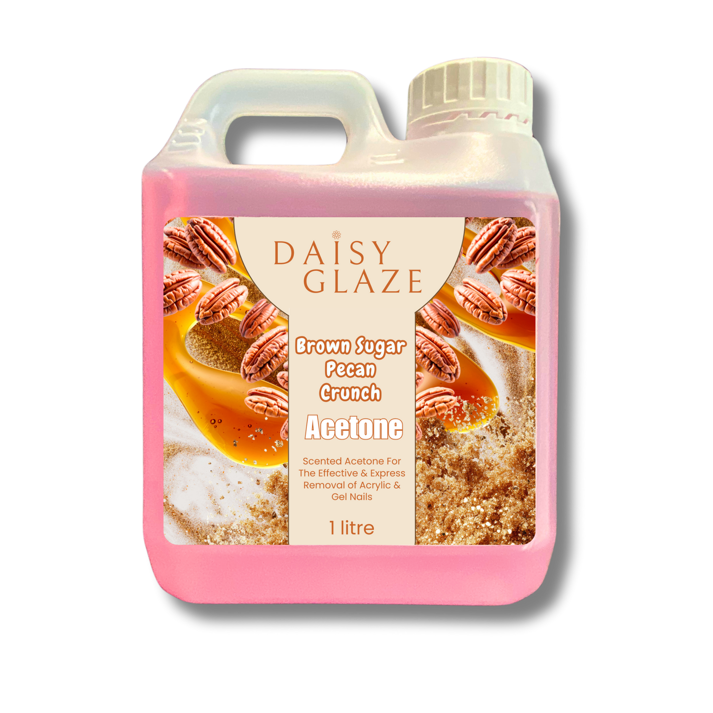 Pink bottle of Daisy Glaze Brown Sugar Pecan Crunch Acetone with a label showing pecans and syrup.