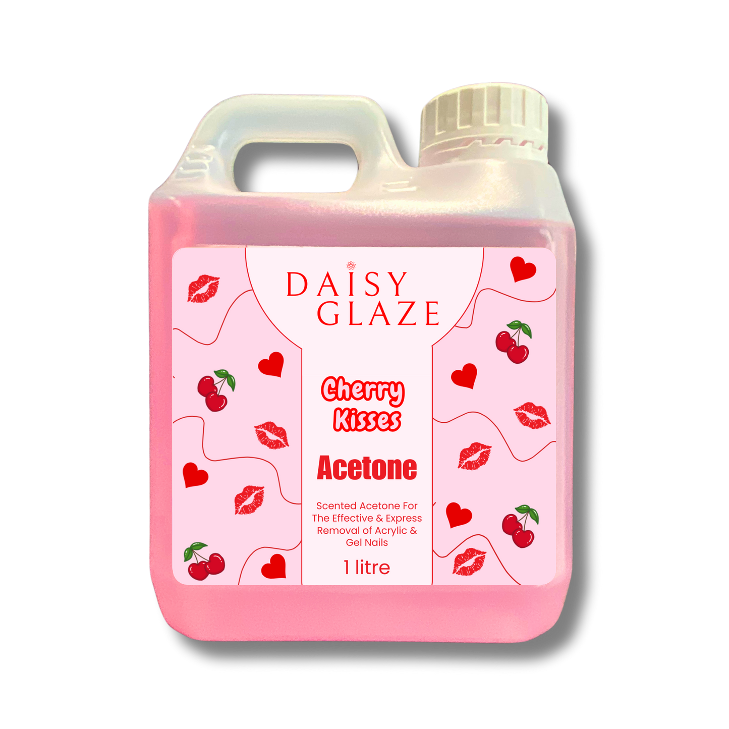 Pink bottle of Daisy Glaze Cherry Kisses Acetone on a white background