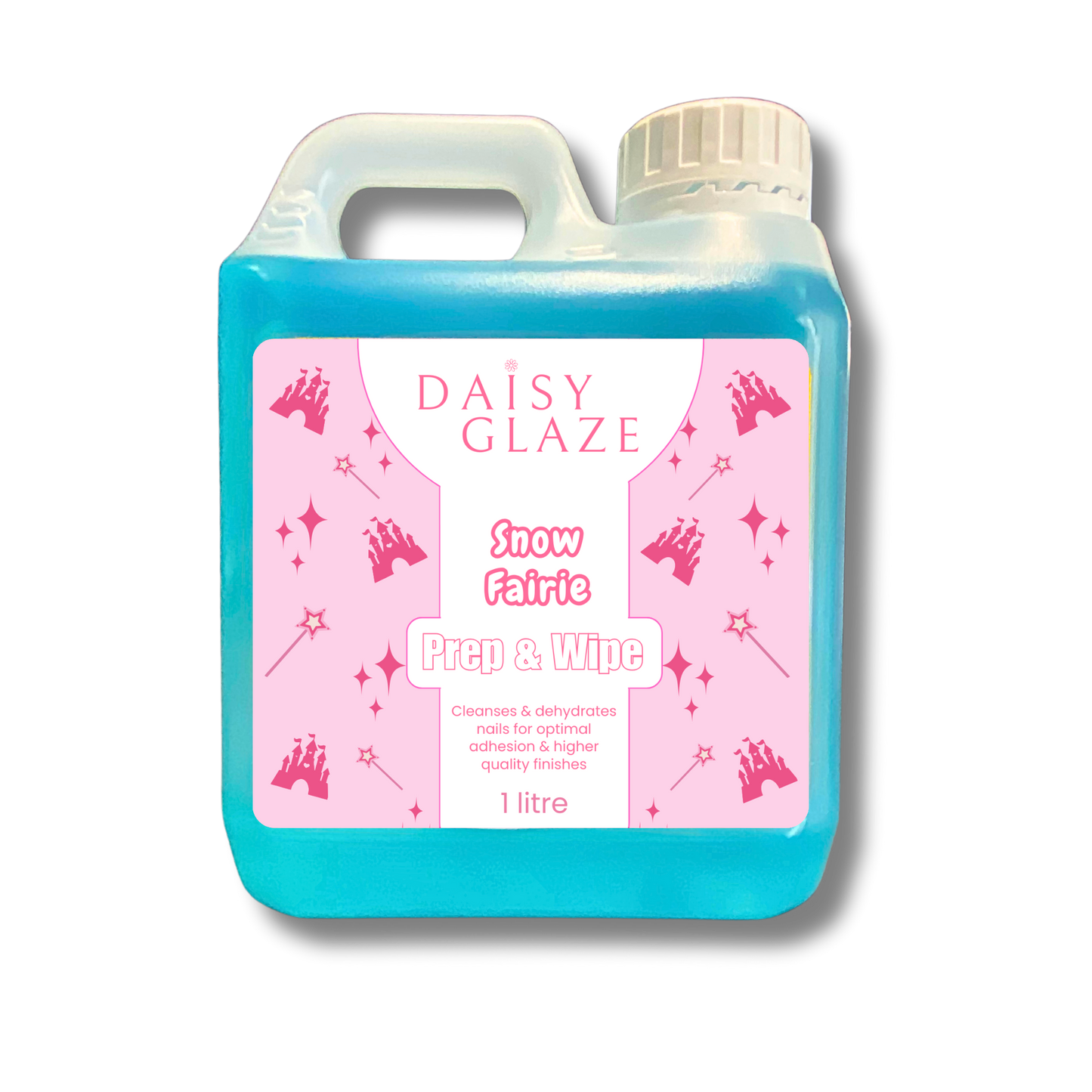 Blue bottle of Daisy Glaze Snow Fairie Prep & Wipe on a white background