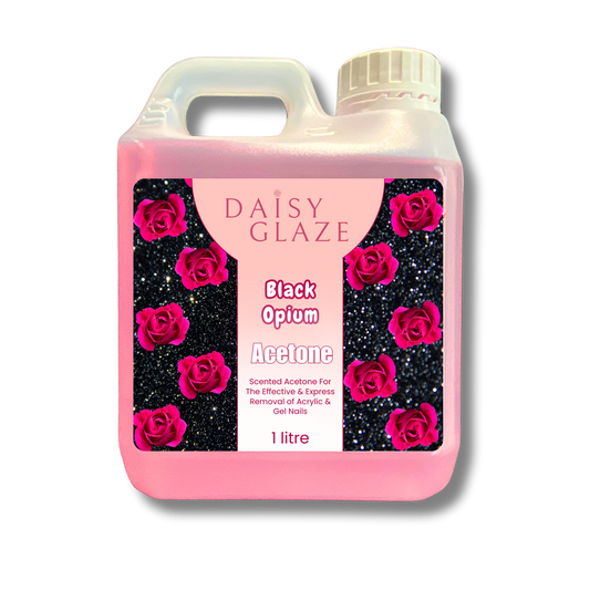 Daisy Glaze Black Opium Acetone bottle with pink roses on a white background