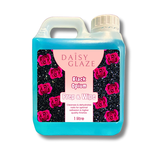 Daisy Glaze Black Opium Prep & Wipe container with pink roses on a white background