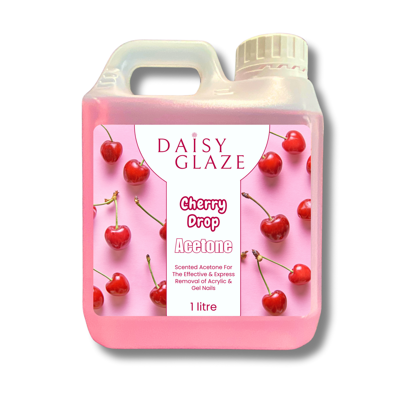 Pink bottle of Daisy Glaze Cherry Drop Acetone with cherry design on a white background