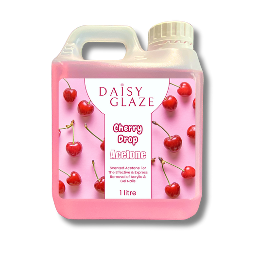 Pink bottle of Daisy Glaze Cherry Drop Acetone with cherry design on a white background