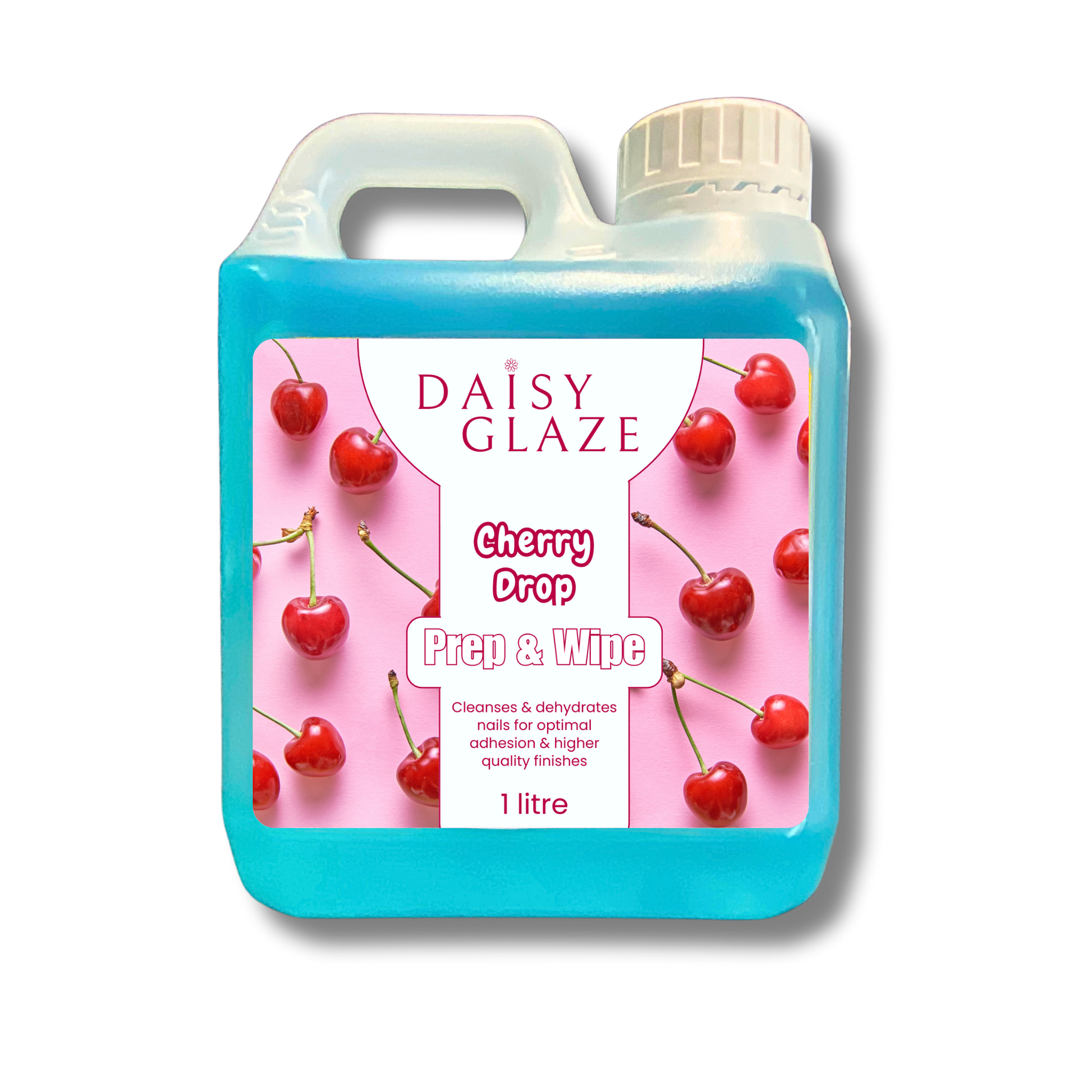DAISY GLAZE Cherry Drop Prep & Wipe container with cherry design on a pink background