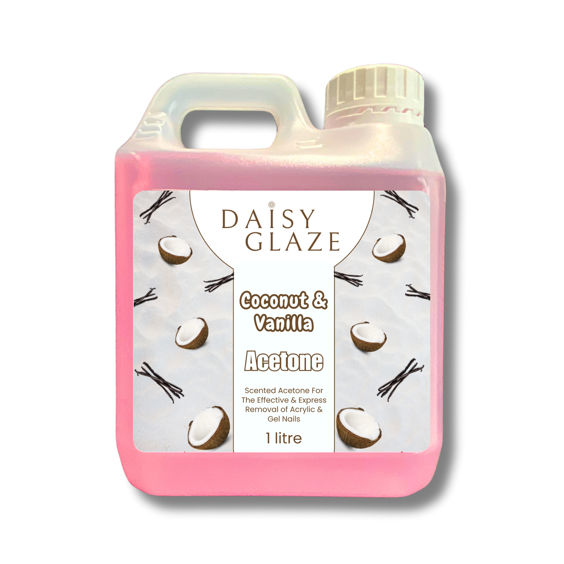 Daisy Glaze Coconut & Vanilla Acetone bottle on a white background