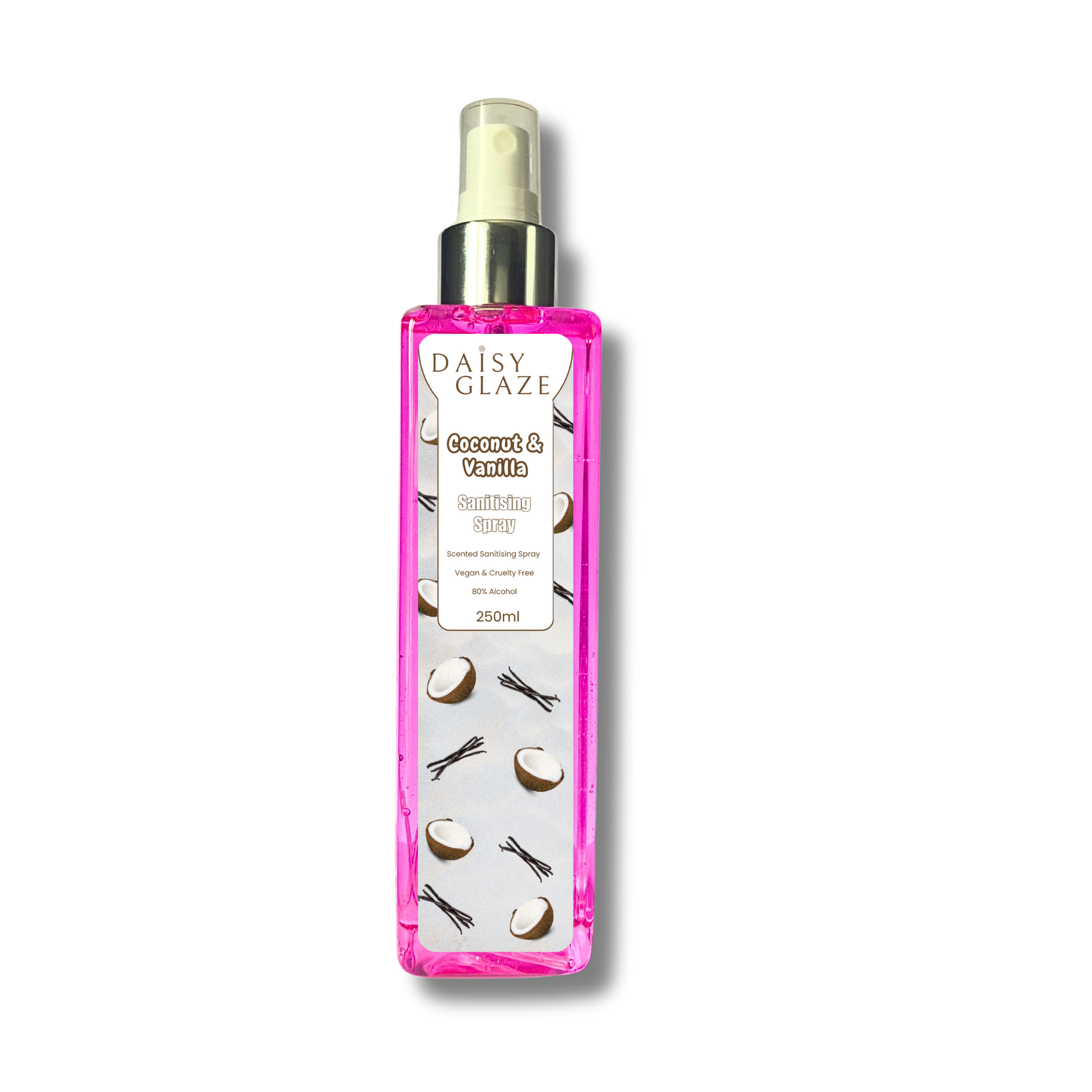 “Daisy Glaze Coconut & Vanilla Multi-Use Sanitising Spray 250ml – scented sanitiser for hands, tools and surfaces”
