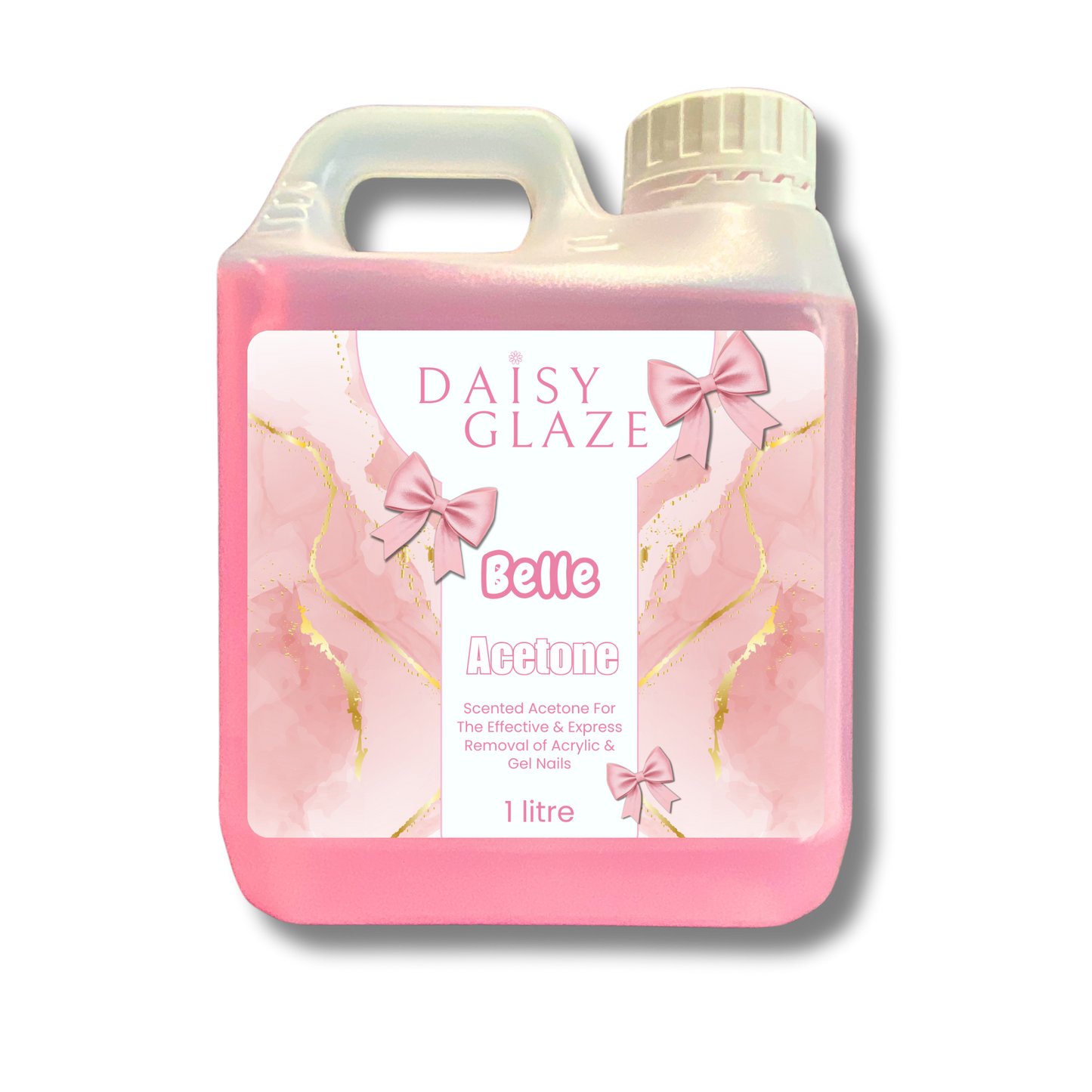 Pink bottle of Daisy Glaze Belle Acetone with a decorative label on a white background