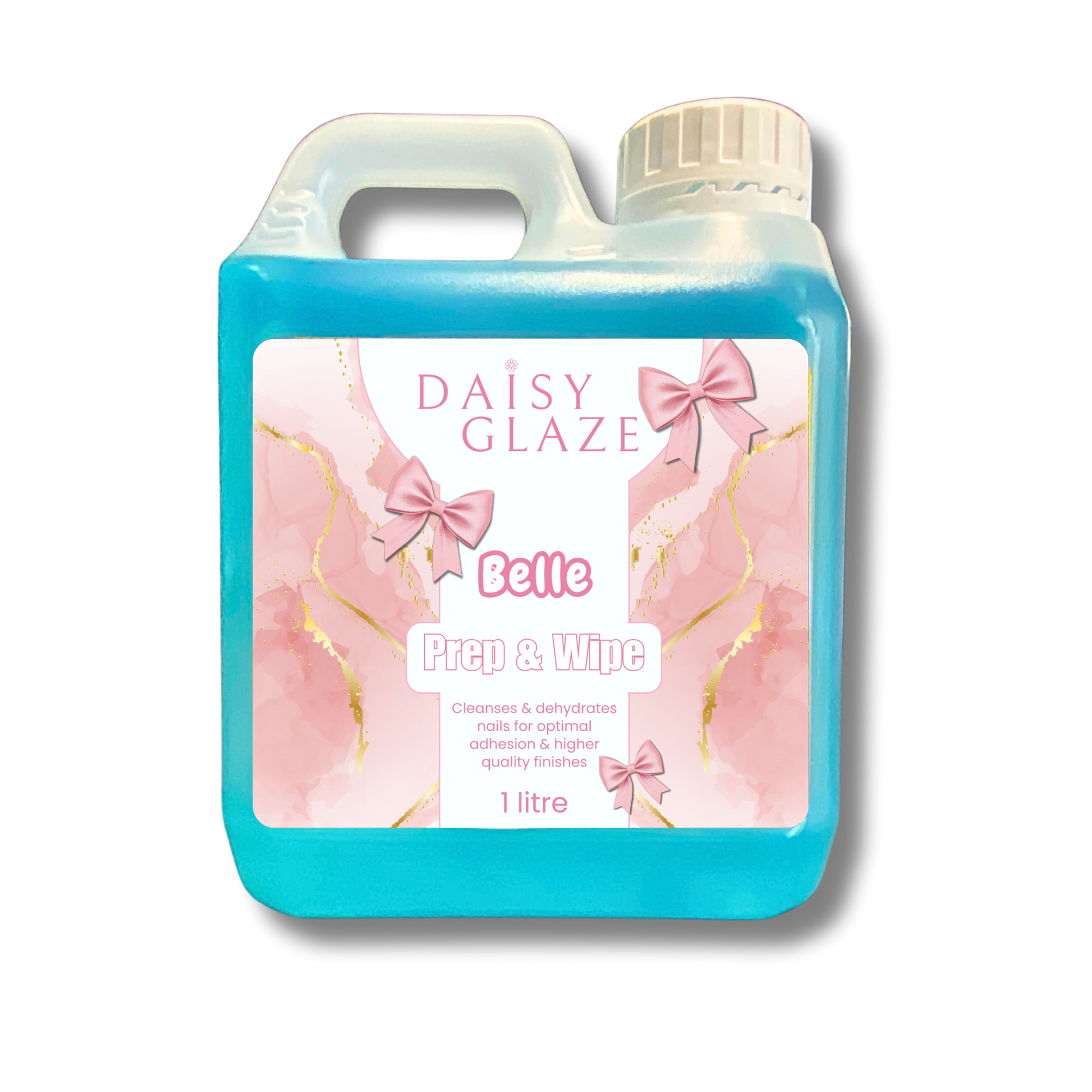 Blue bottle of Daisy Glaze Belle Prep & Wipe on a white background