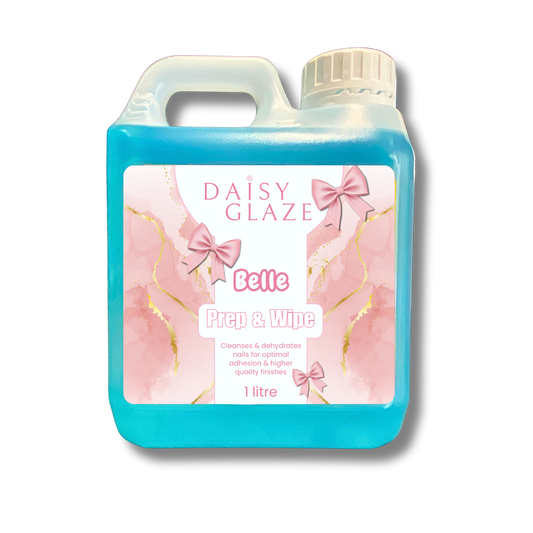 Blue bottle of Daisy Glaze Belle Prep & Wipe on a white background