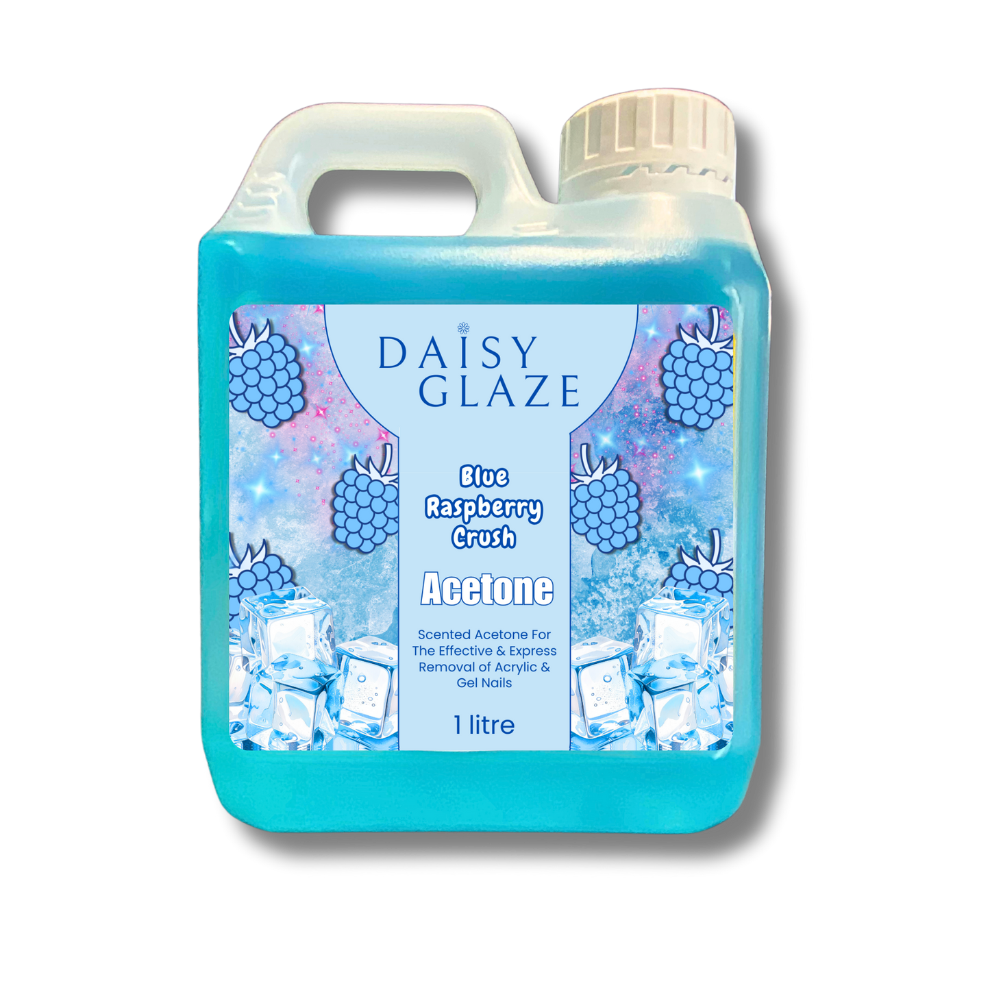Bottle of Daisy Glaze Blue Raspberry Crush Acetone on a white background