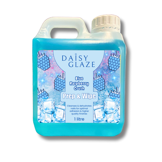 Blue bottle of Daisy Glaze Blue Raspberry Crush Prep & Wipe on a white background