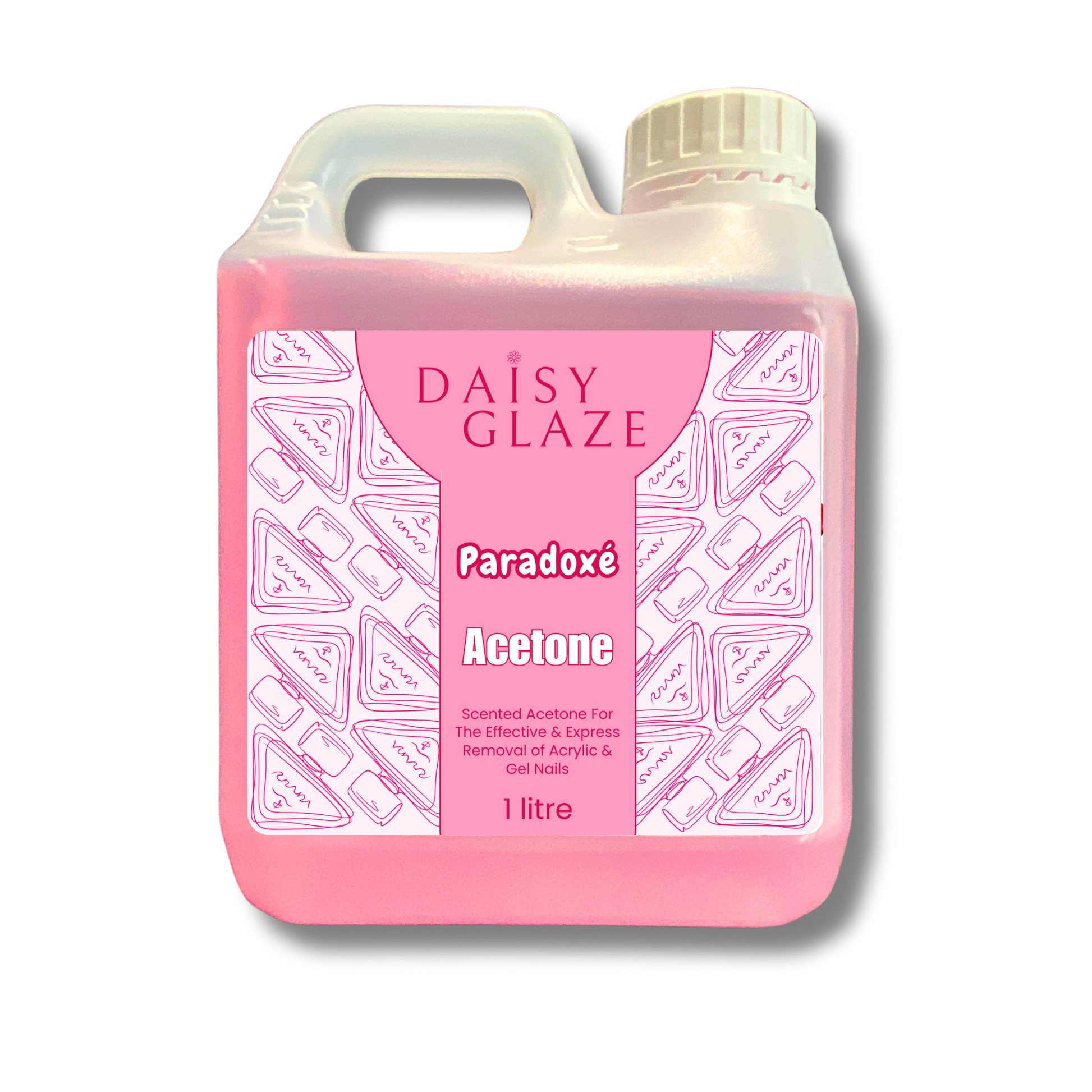 Pink bottle of Daisy Glaze Paradox Acetone on a white background