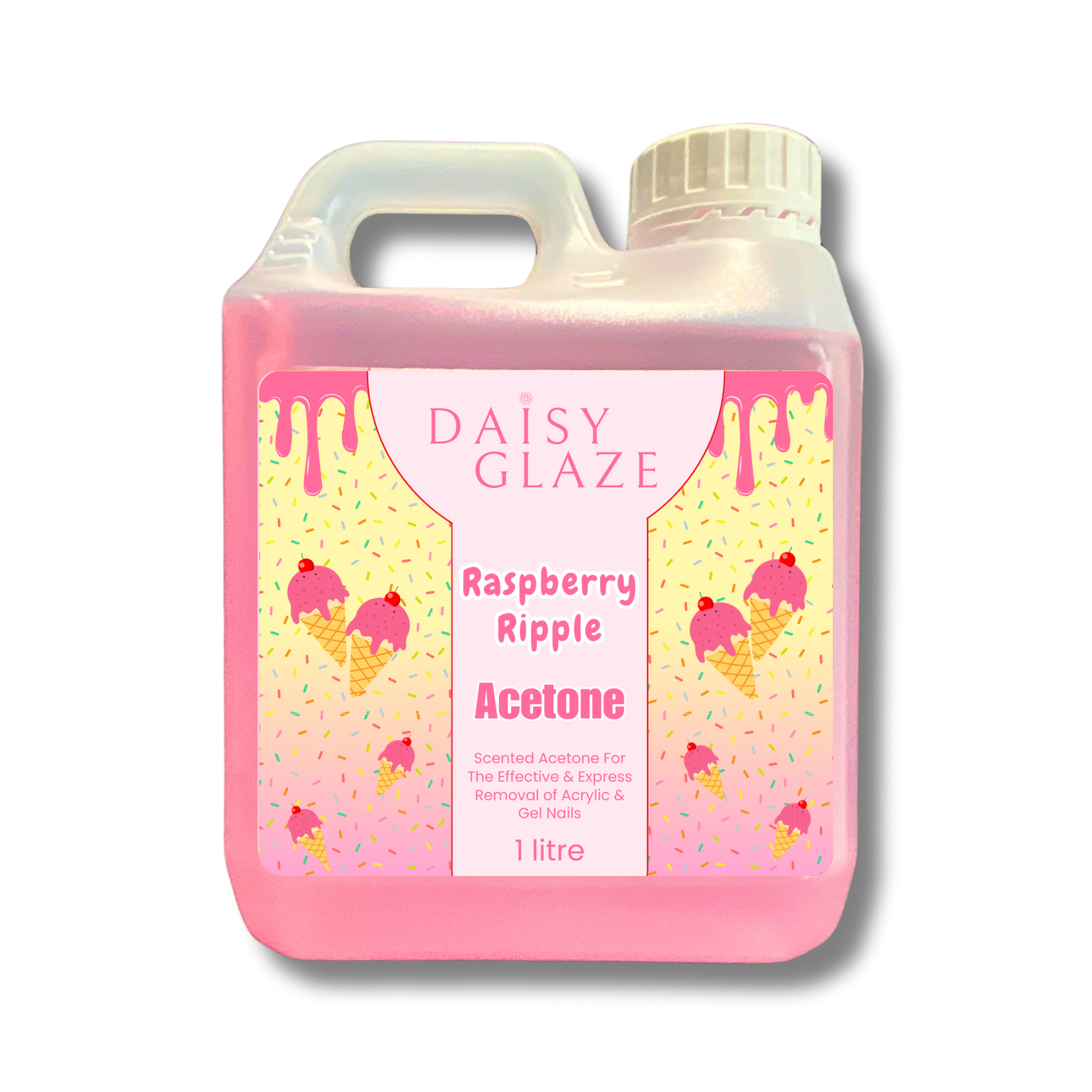 Pink bottle of Daisy Glaze Raspberry Ripple Acetone on a white background