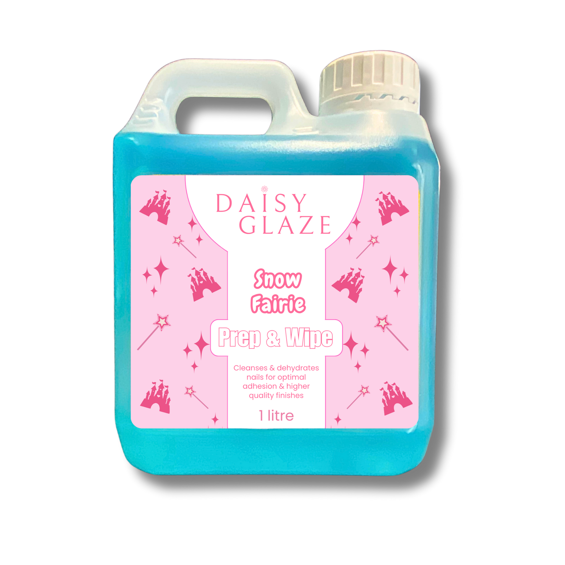 Blue bottle of Daisy Glaze Snow Fairie Prep & Wipe on a white background