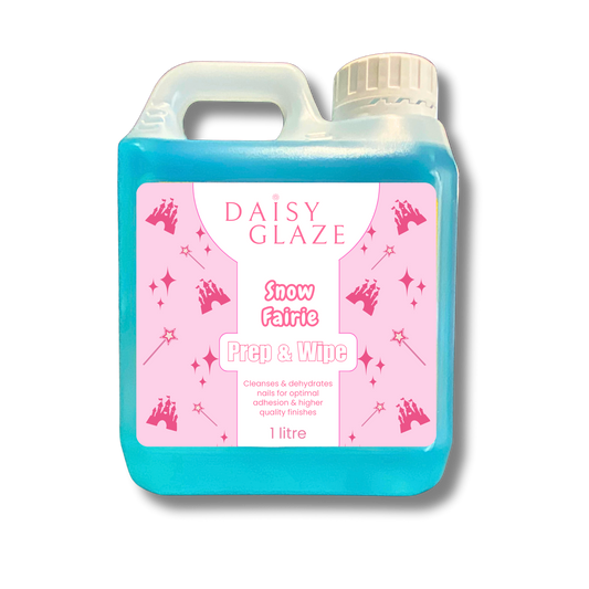 Blue bottle of Daisy Glaze Snow Fairie Prep & Wipe on a white background