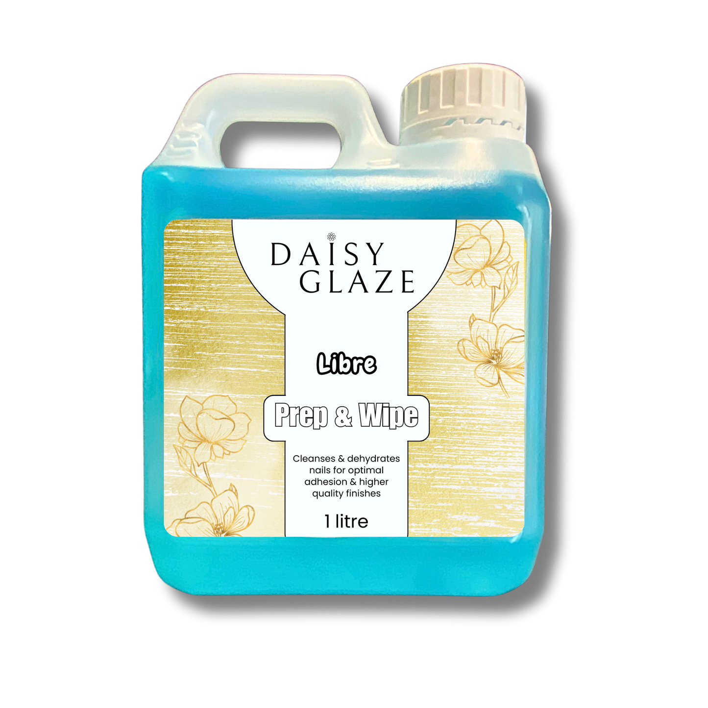 Blue bottle of Daisy Glaze Libre Prep & Wipe on a white background