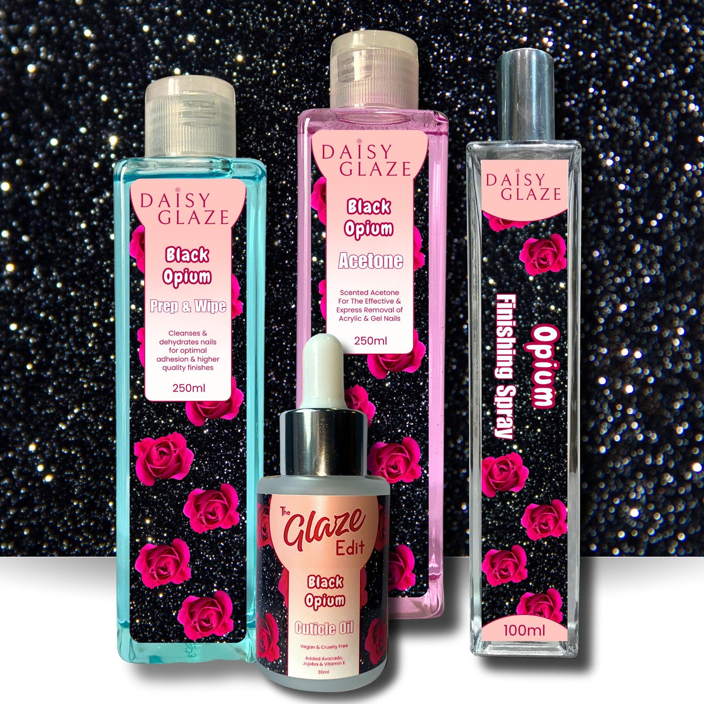 Set of Daisy Glaze nail care products with black and pink design on a glittery background