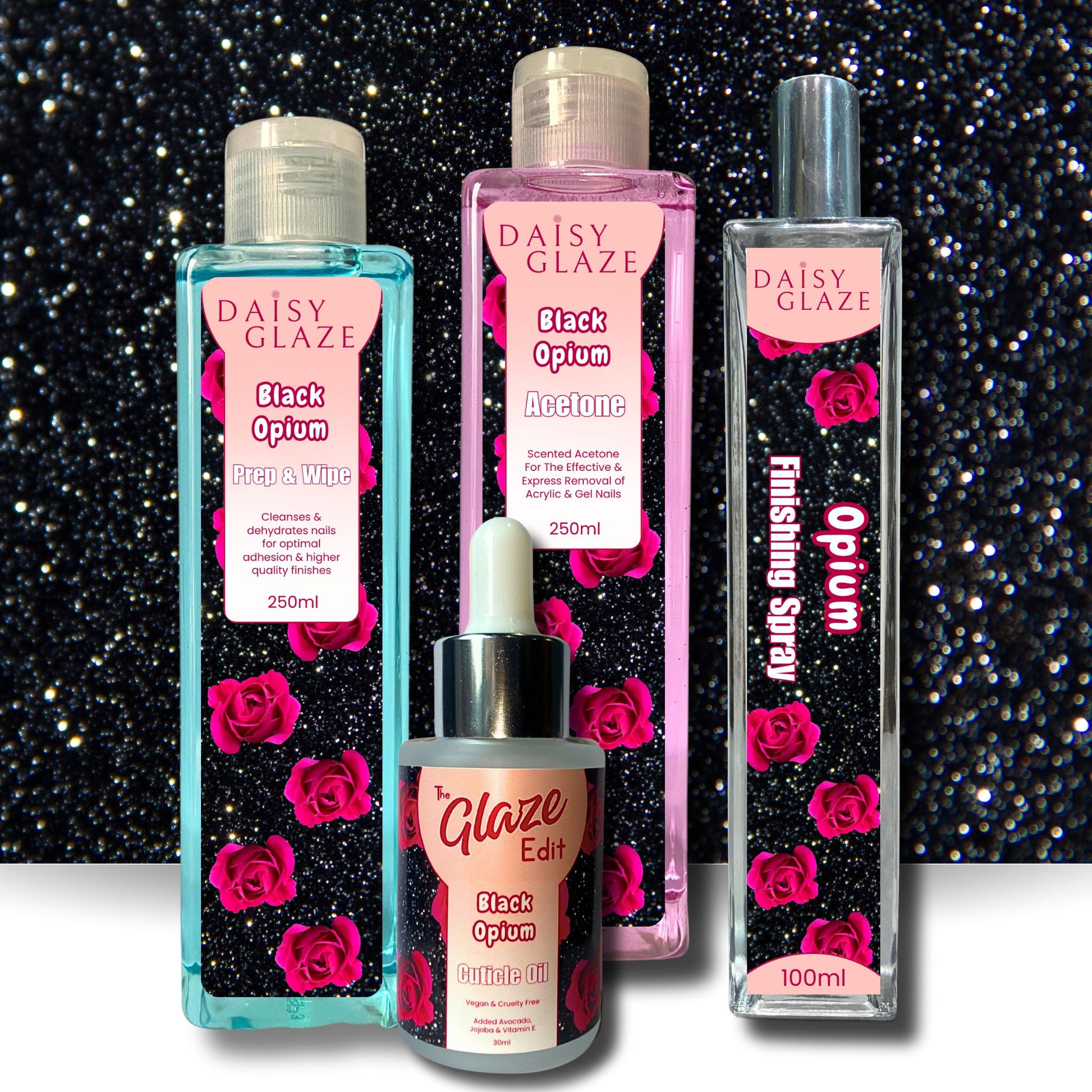 Set of Daisy Glaze nail care products with black and pink design on a glittery background