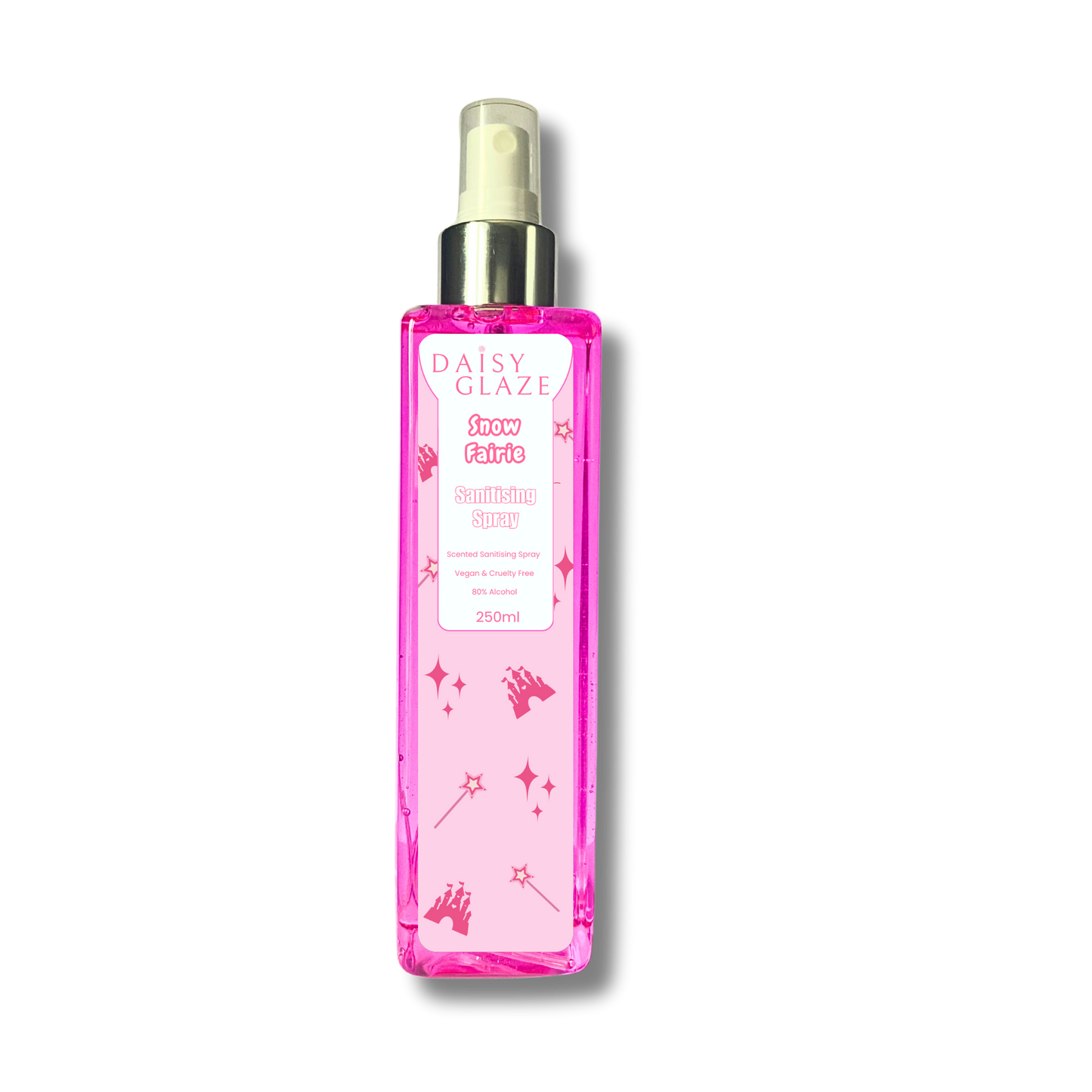 Pink spray bottle with decorative label on a white background